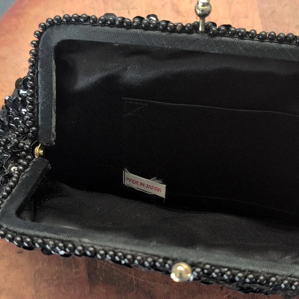Vintage Black Beaded Sequin Kiss Lock Clutch Evening Bag Made in Japan